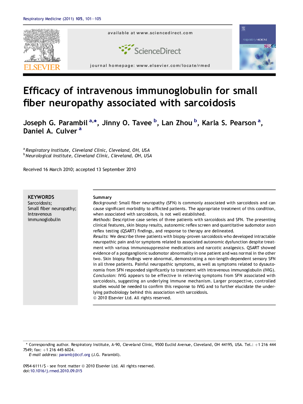 Efficacy of intravenous immunoglobulin for small fiber neuropathy associated with sarcoidosis