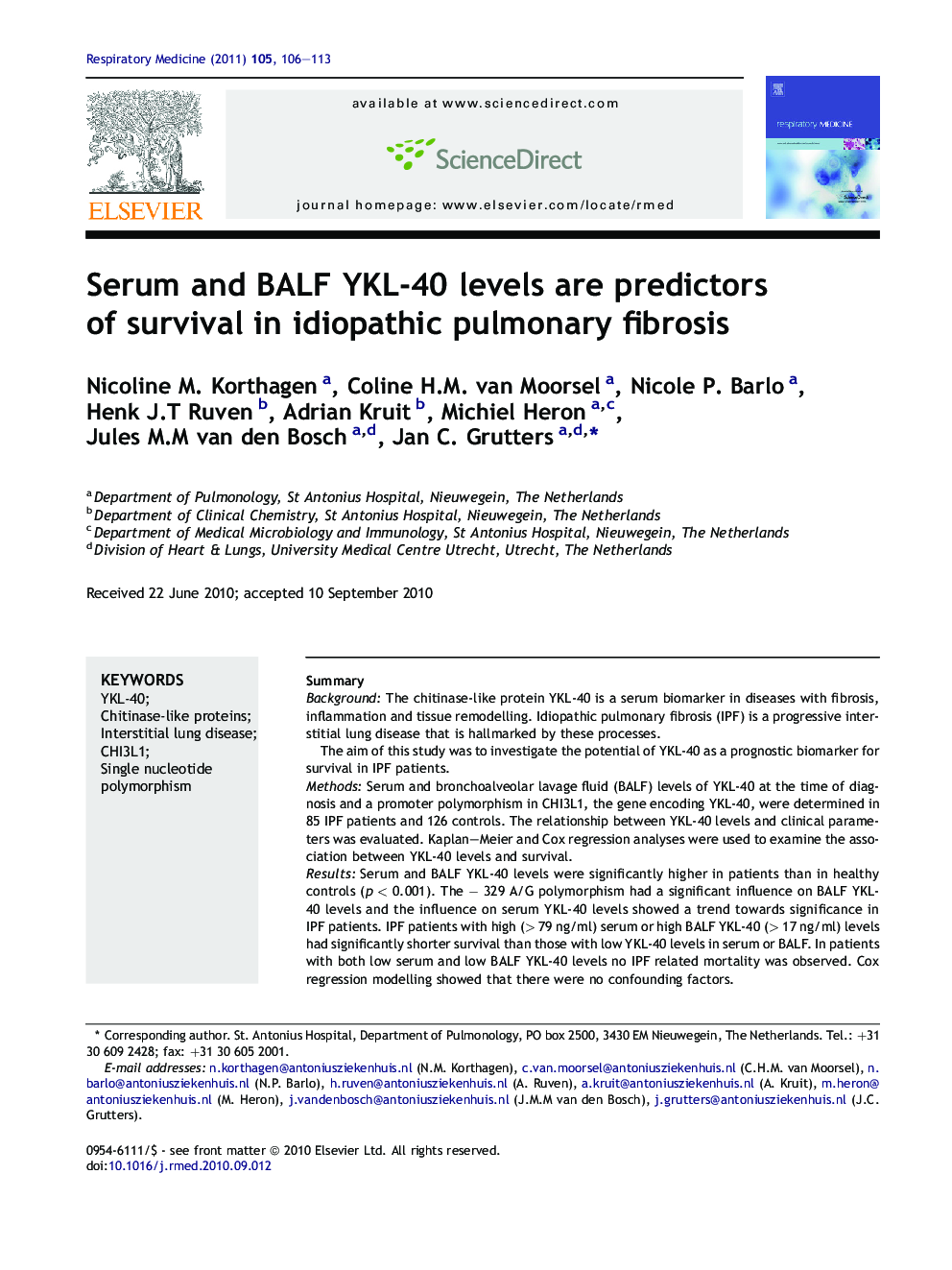 Serum and BALF YKL-40 levels are predictors of survival in idiopathic pulmonary fibrosis