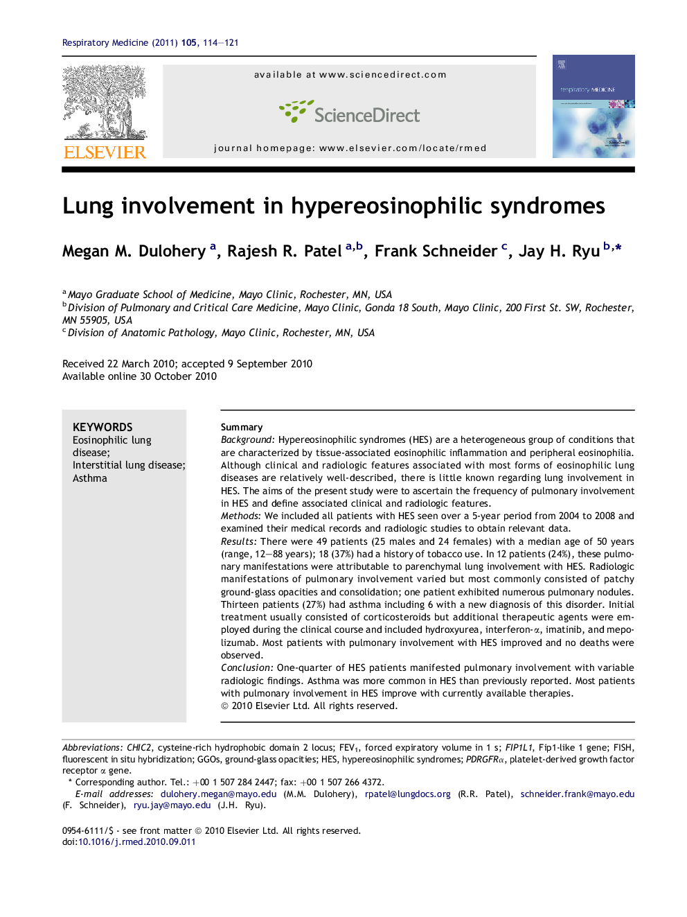 Lung involvement in hypereosinophilic syndromes