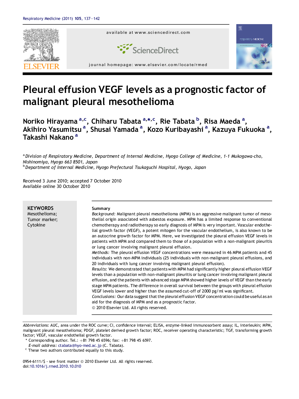 Pleural effusion VEGF levels as a prognostic factor of malignant pleural mesothelioma