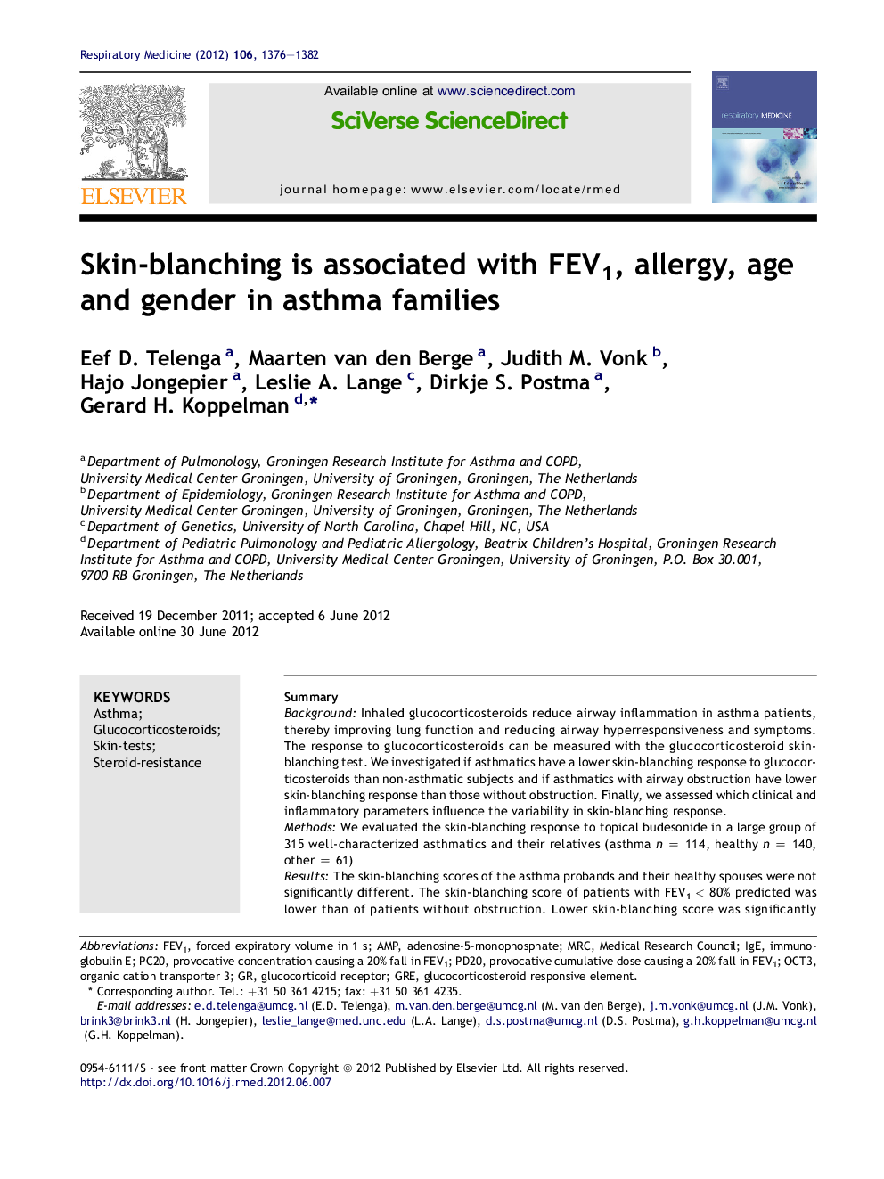 Skin-blanching is associated with FEV1, allergy, age and gender in asthma families