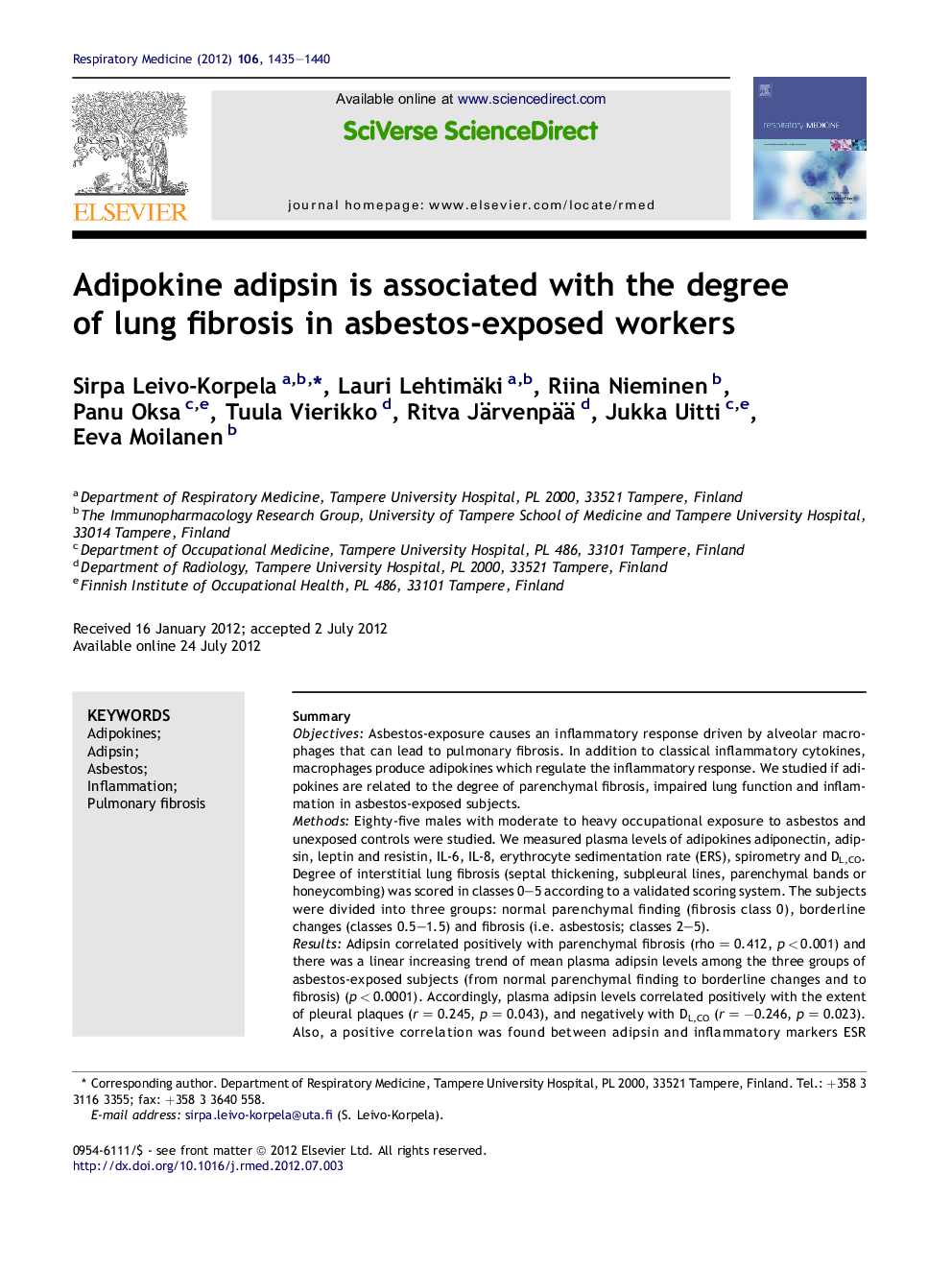 Adipokine adipsin is associated with the degree of lung fibrosis in asbestos-exposed workers