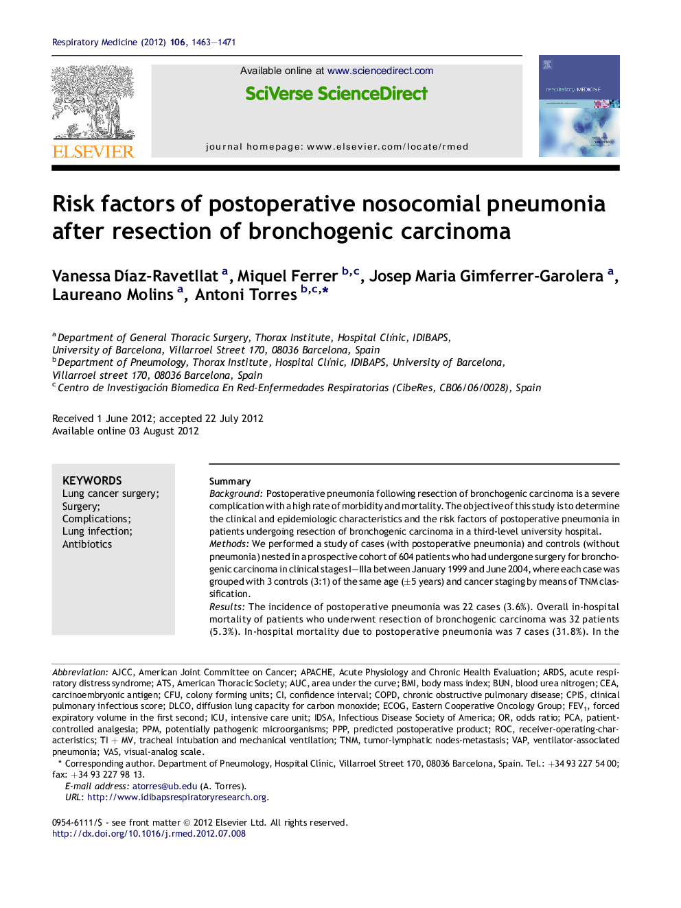 Risk factors of postoperative nosocomial pneumonia after resection of bronchogenic carcinoma