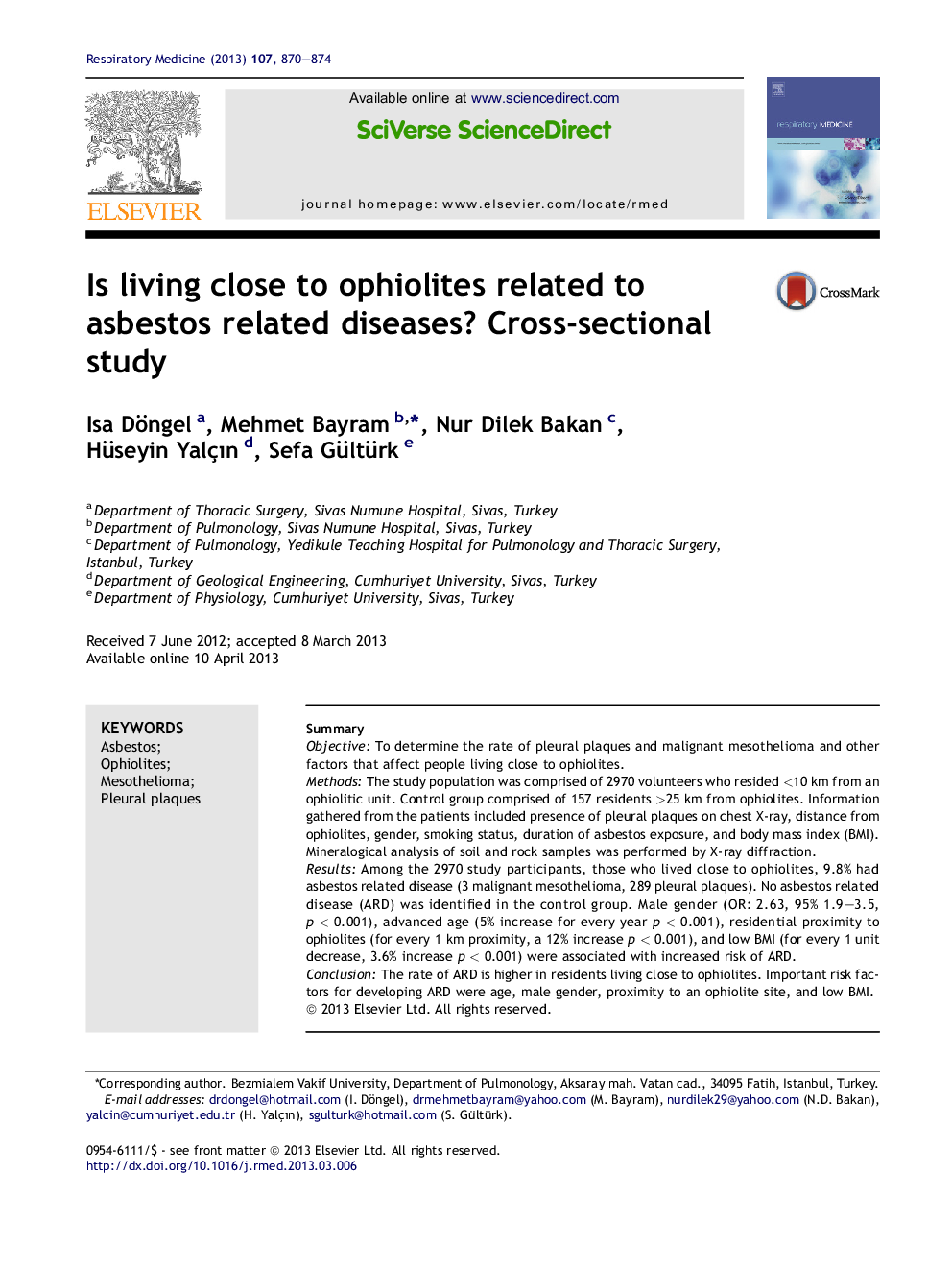 Is living close to ophiolites related to asbestos related diseases? Cross-sectional study