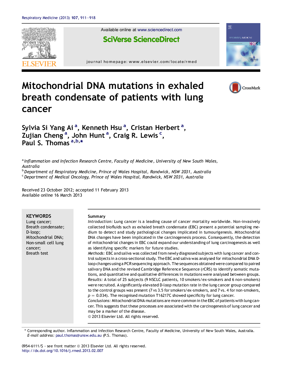 Mitochondrial DNA mutations in exhaled breath condensate of patients with lung cancer