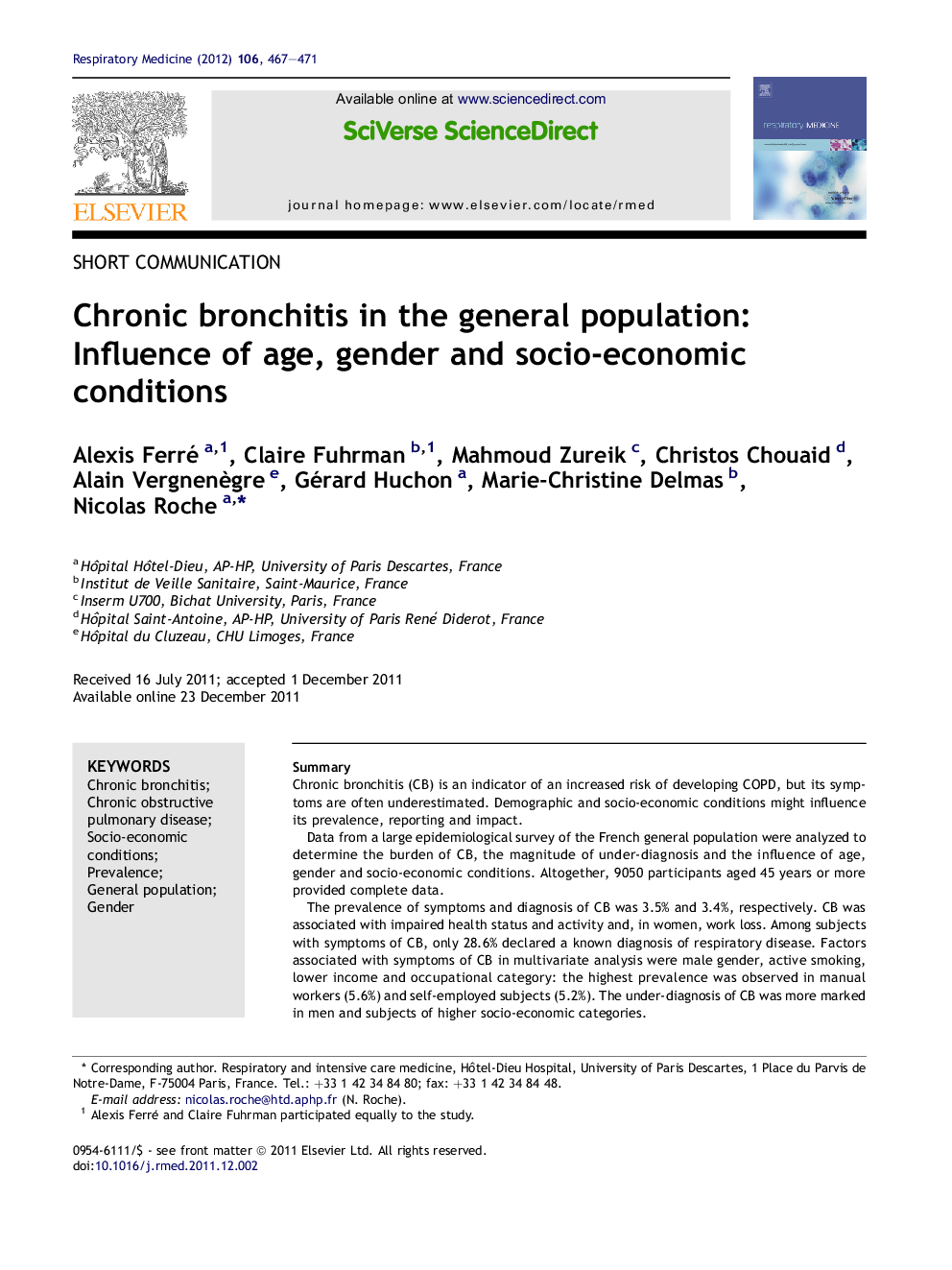 Chronic bronchitis in the general population: Influence of age, gender and socio-economic conditions