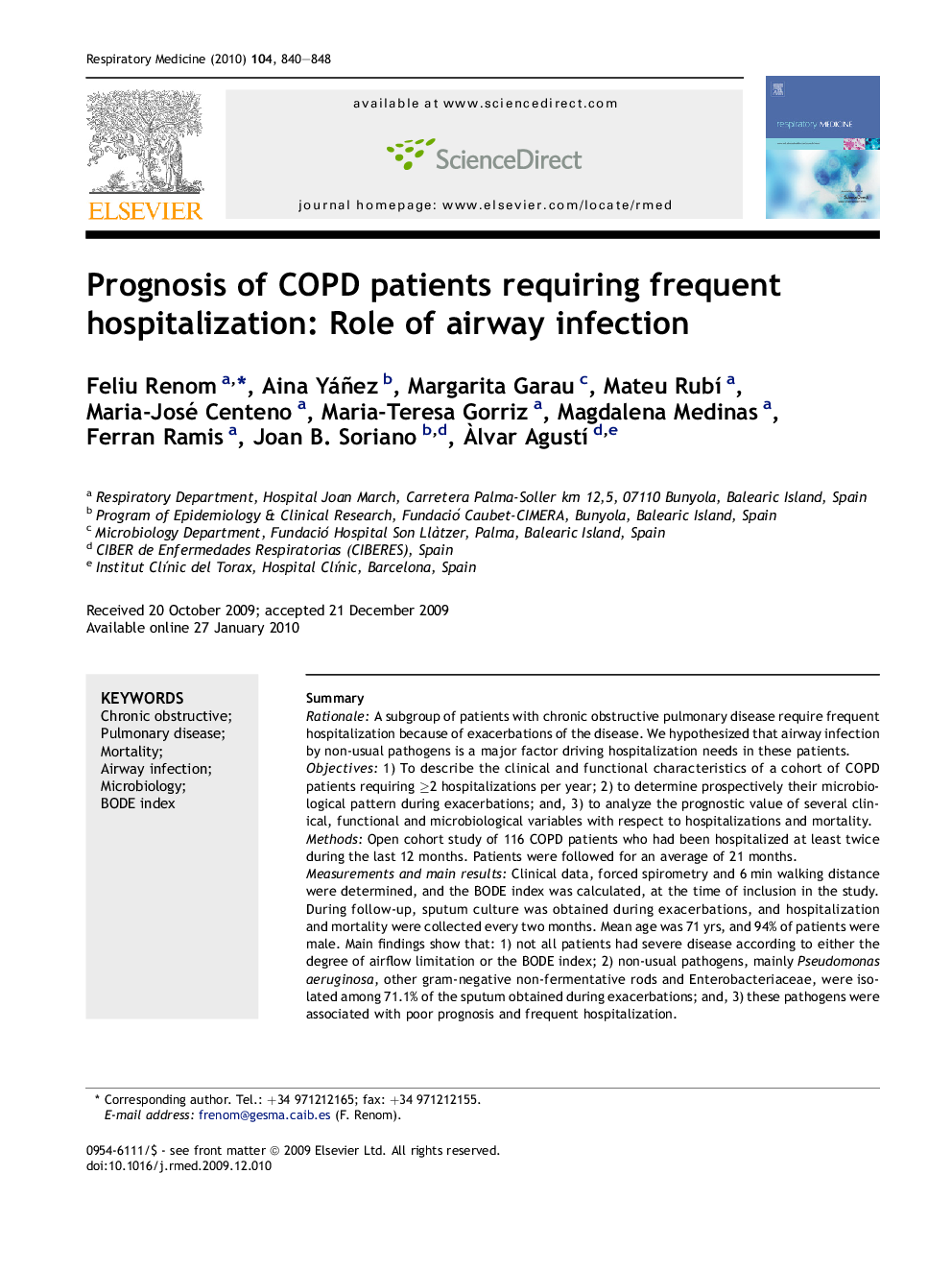 Prognosis of COPD patients requiring frequent hospitalization: Role of airway infection