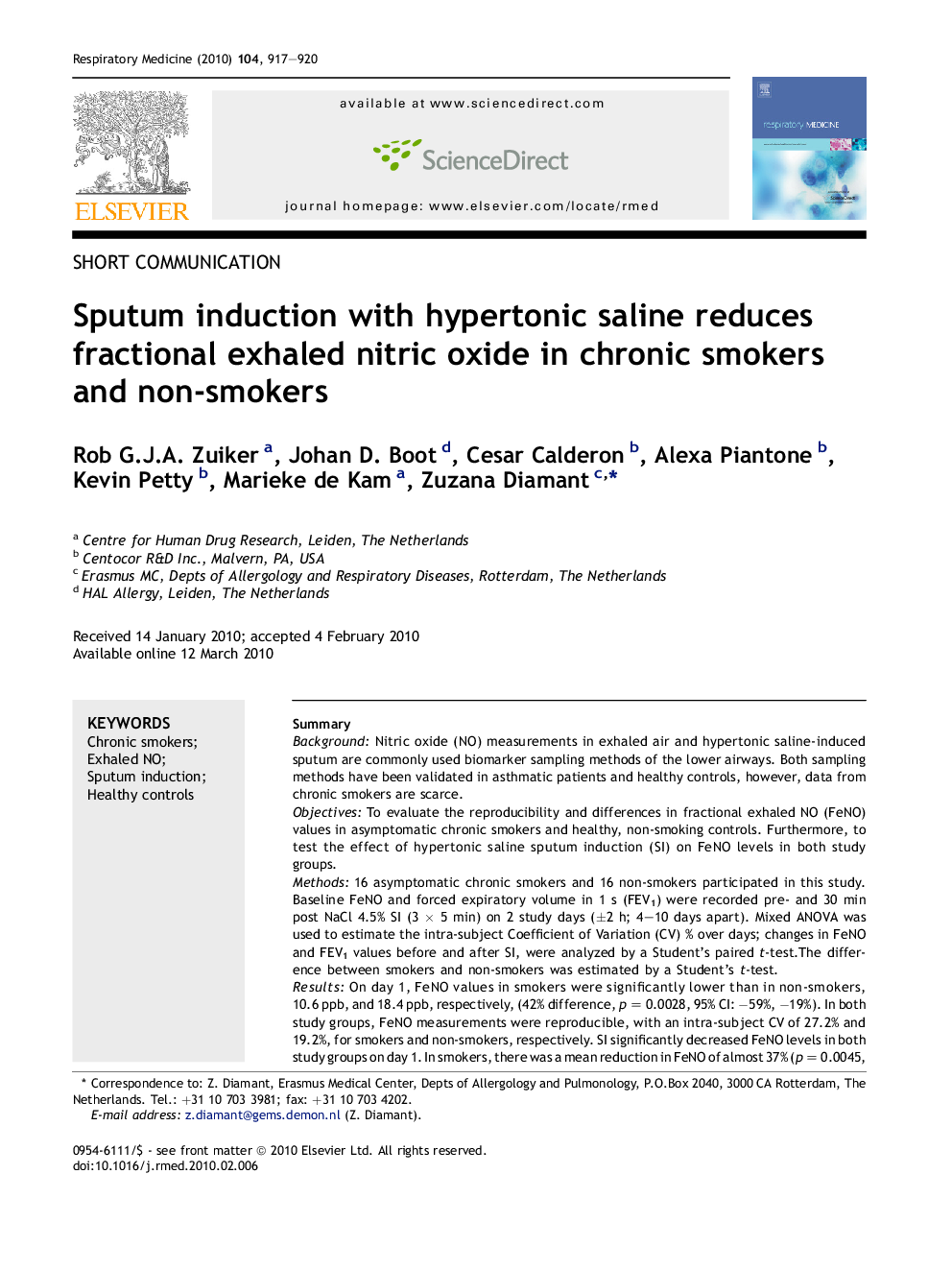 Sputum induction with hypertonic saline reduces fractional exhaled nitric oxide in chronic smokers and non-smokers