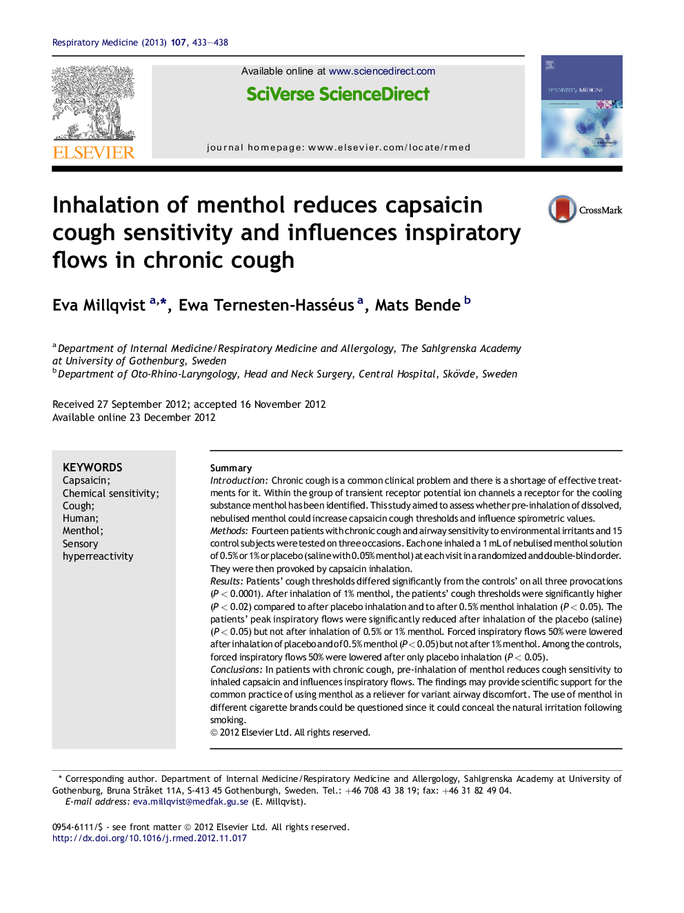 Inhalation of menthol reduces capsaicin cough sensitivity and influences inspiratory flows in chronic cough