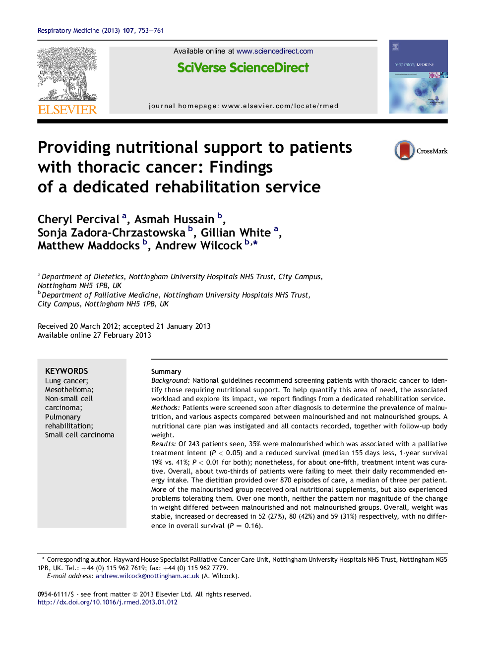 Providing nutritional support to patients with thoracic cancer: Findings of a dedicated rehabilitation service