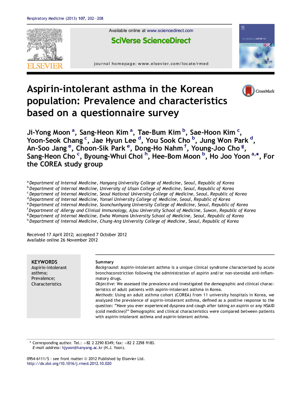 Aspirin-intolerant asthma in the Korean population: Prevalence and characteristics based on a questionnaire survey