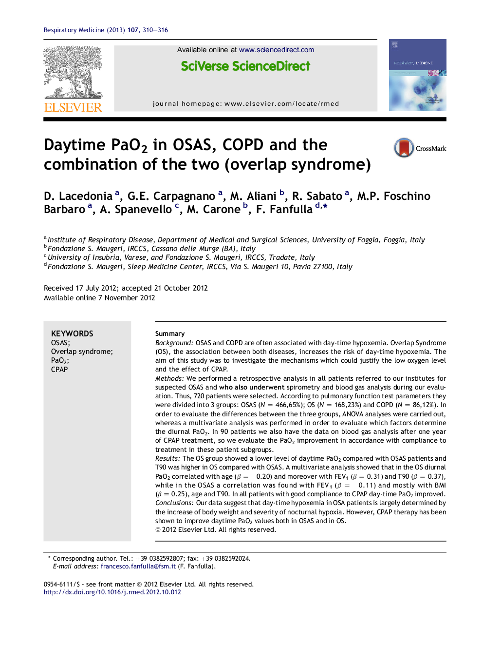 Daytime PaO2 in OSAS, COPD and the combination of the two (overlap syndrome)