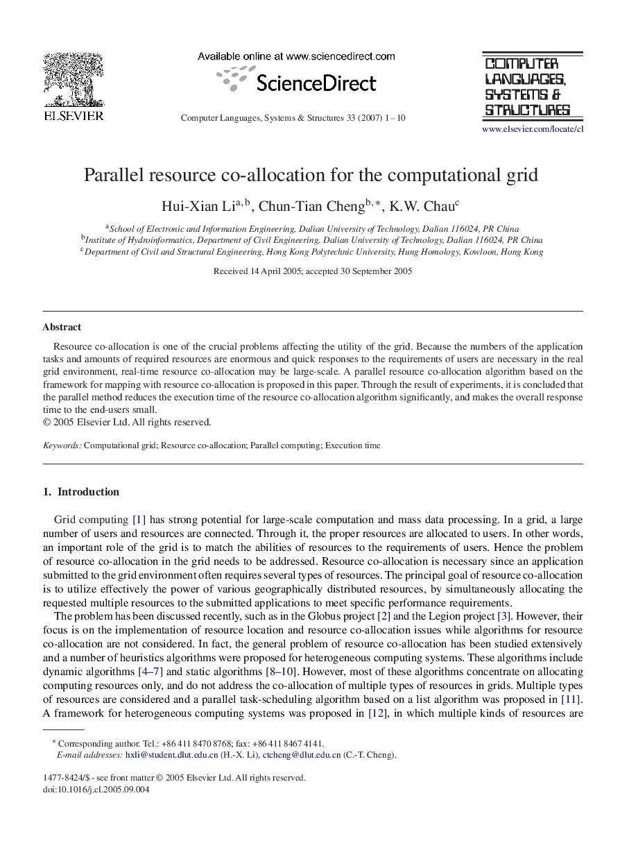 Parallel resource co-allocation for the computational grid