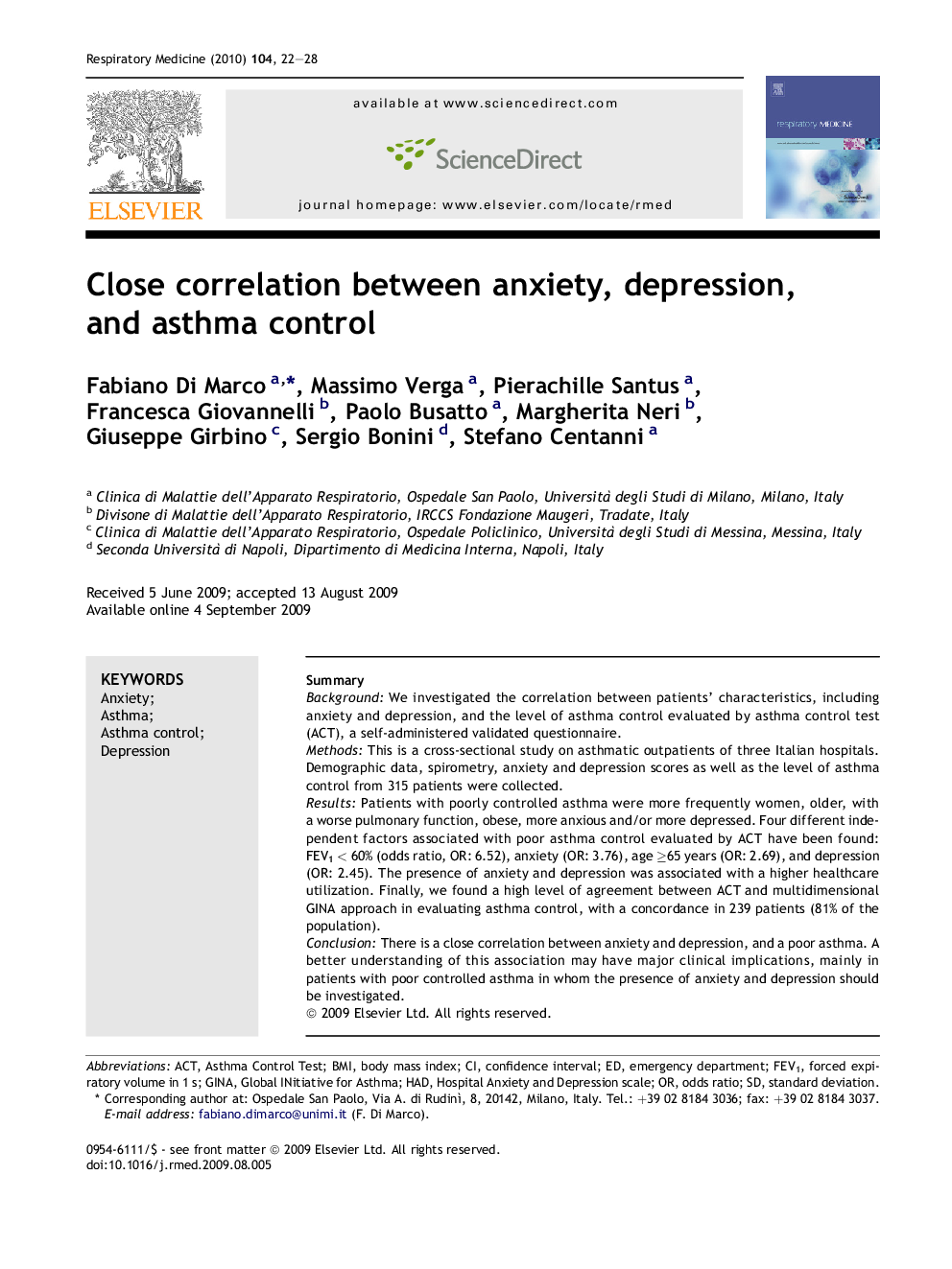 Close correlation between anxiety, depression, and asthma control