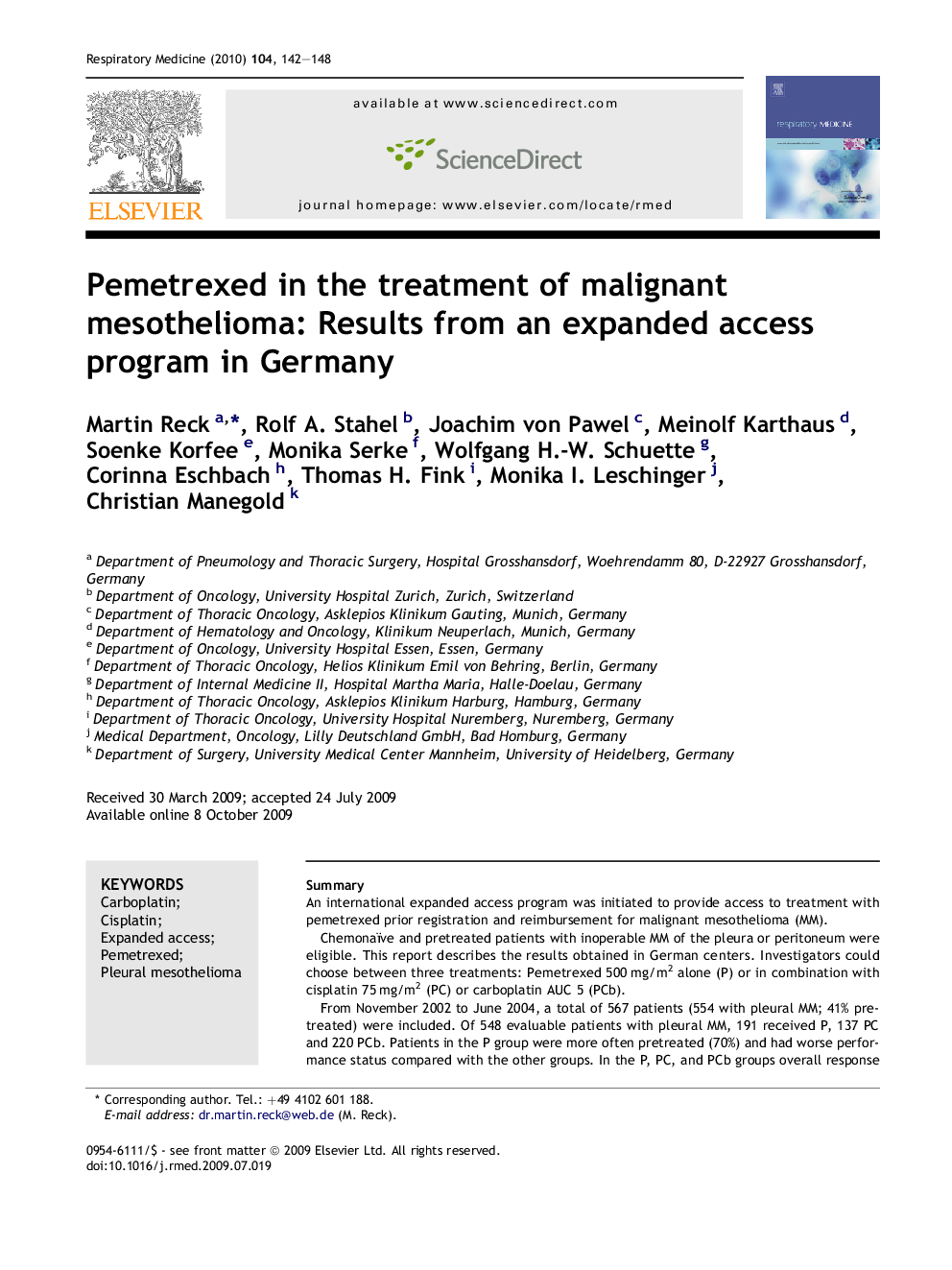 Pemetrexed in the treatment of malignant mesothelioma: Results from an expanded access program in Germany