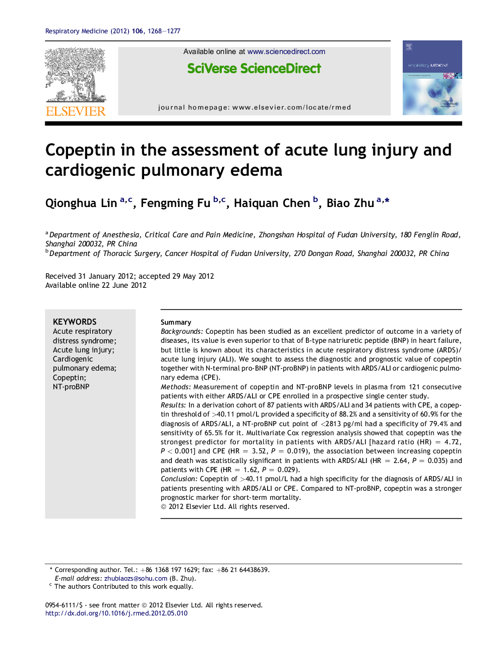 Copeptin in the assessment of acute lung injury and cardiogenic pulmonary edema