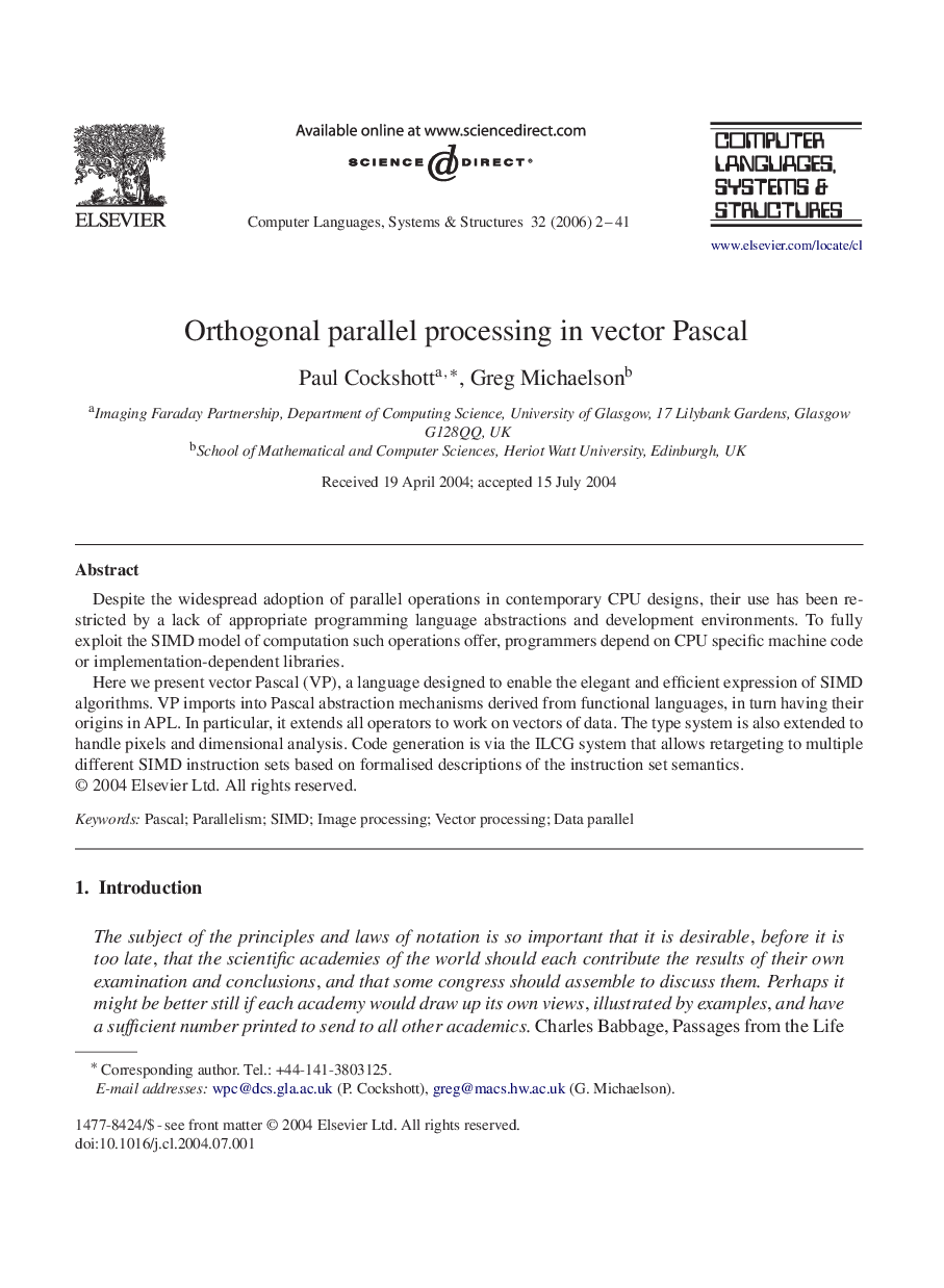 Orthogonal parallel processing in vector Pascal