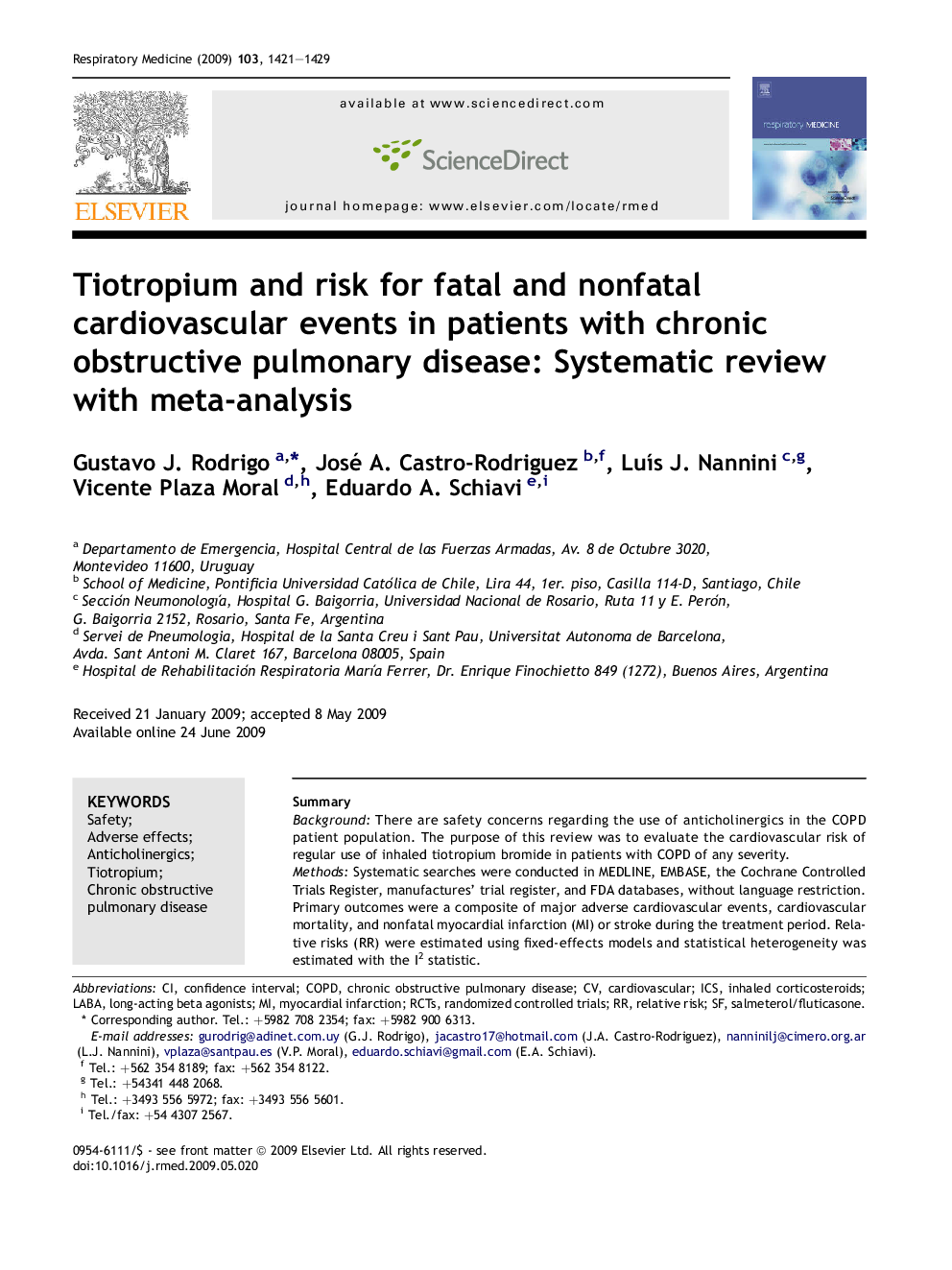 Tiotropium and risk for fatal and nonfatal cardiovascular events in patients with chronic obstructive pulmonary disease: Systematic review with meta-analysis