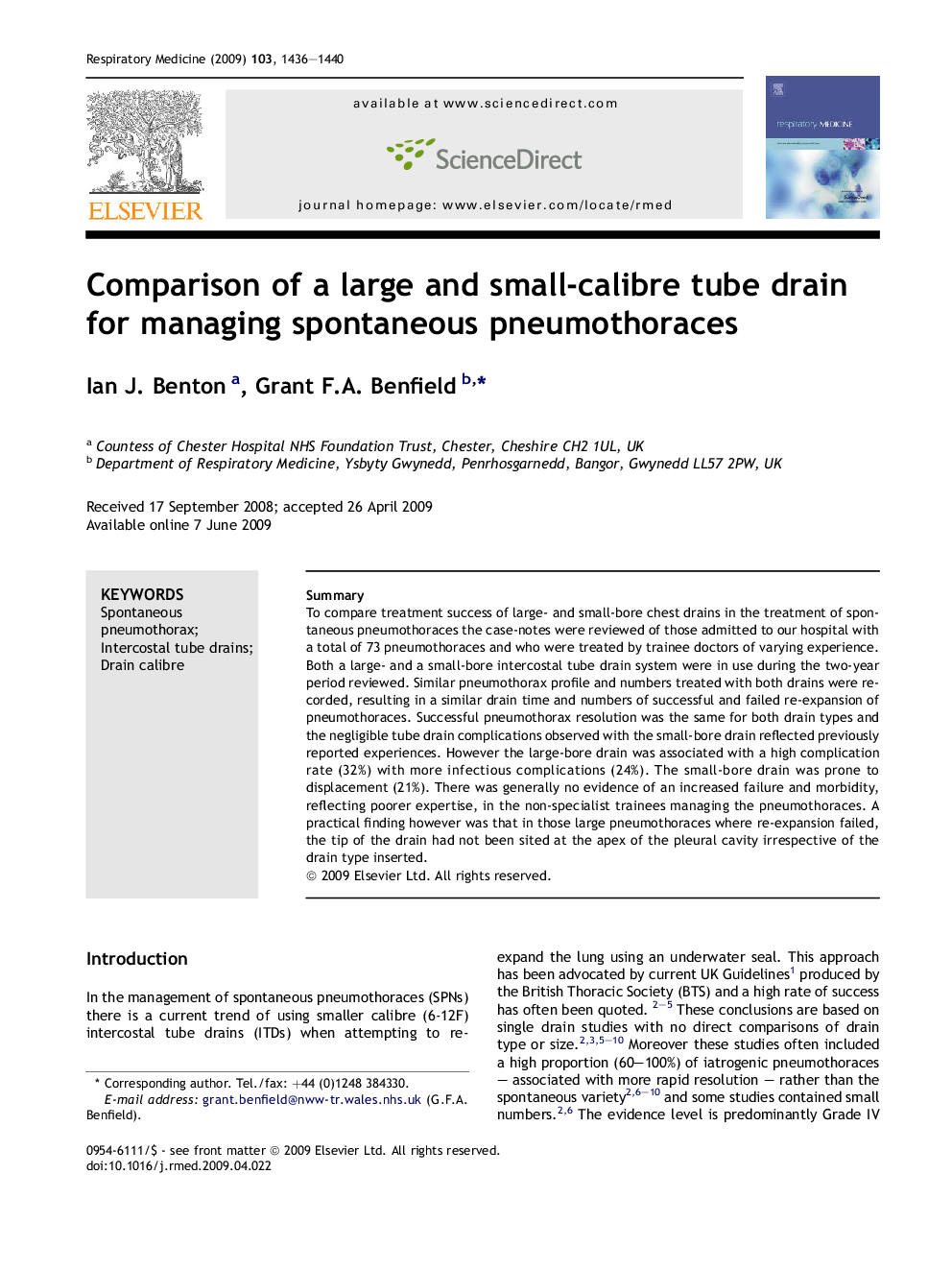 Comparison of a large and small-calibre tube drain for managing spontaneous pneumothoraces