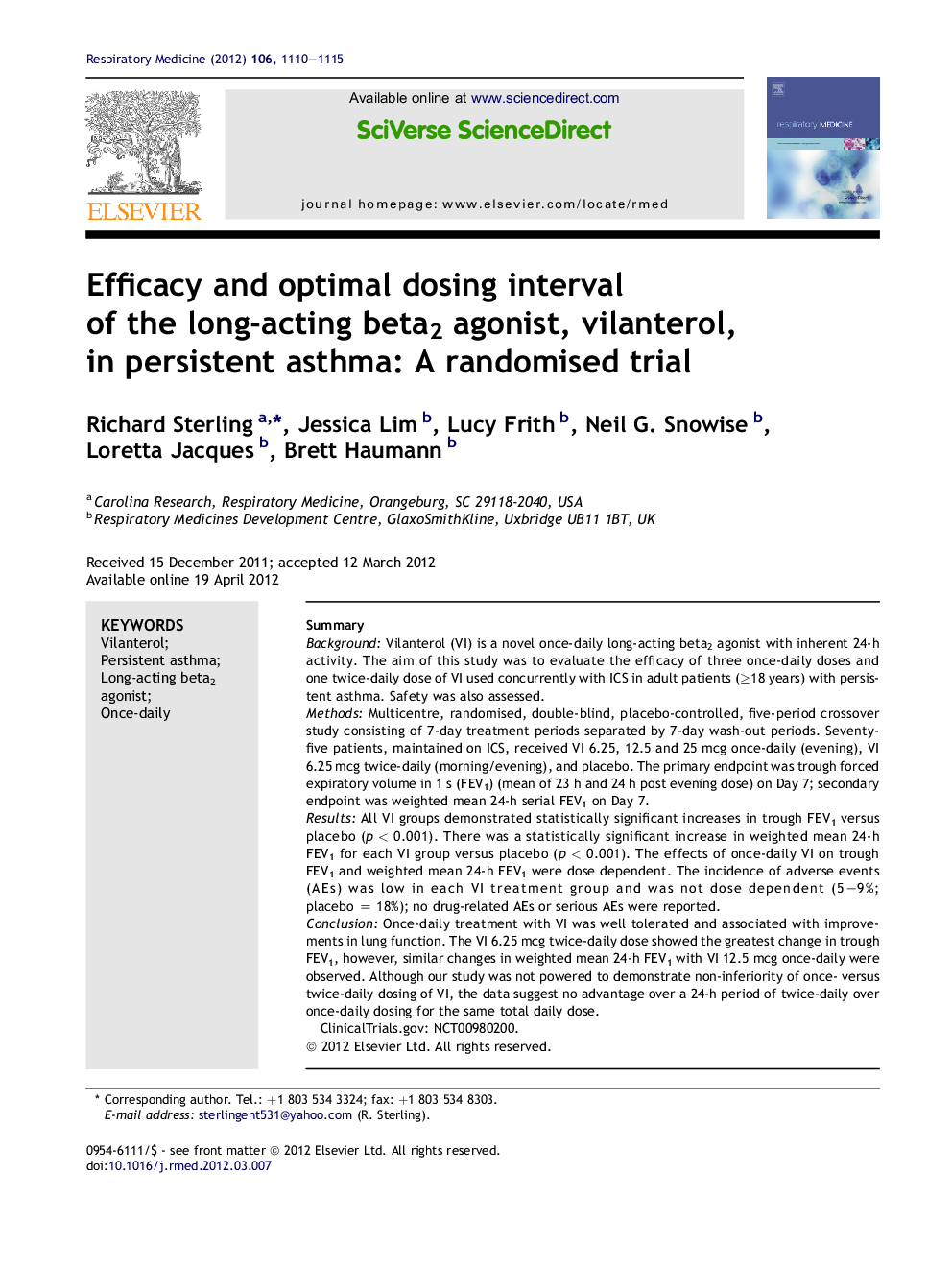 Efficacy and optimal dosing interval of the long-acting beta2 agonist, vilanterol, in persistent asthma: A randomised trial