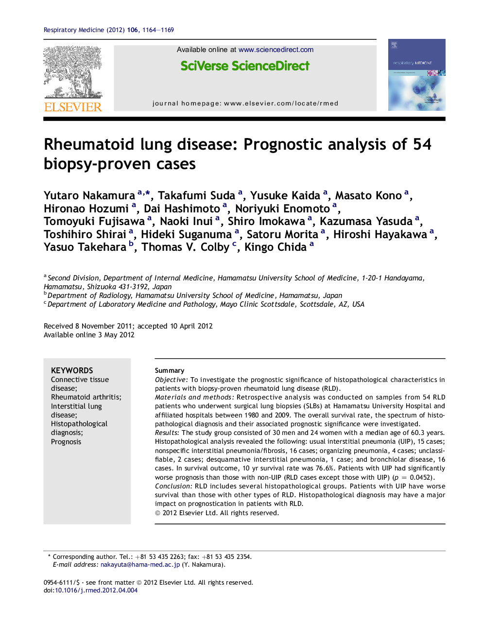 Rheumatoid lung disease: Prognostic analysis of 54 biopsy-proven cases