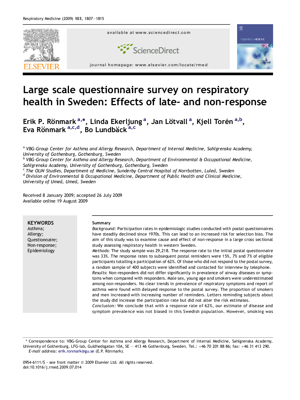 Large scale questionnaire survey on respiratory health in Sweden: Effects of late- and non-response