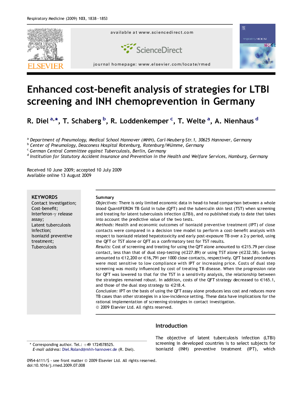 Enhanced cost-benefit analysis of strategies for LTBI screening and INH chemoprevention in Germany