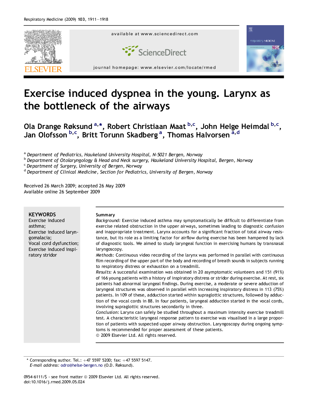 Exercise induced dyspnea in the young. Larynx as the bottleneck of the airways