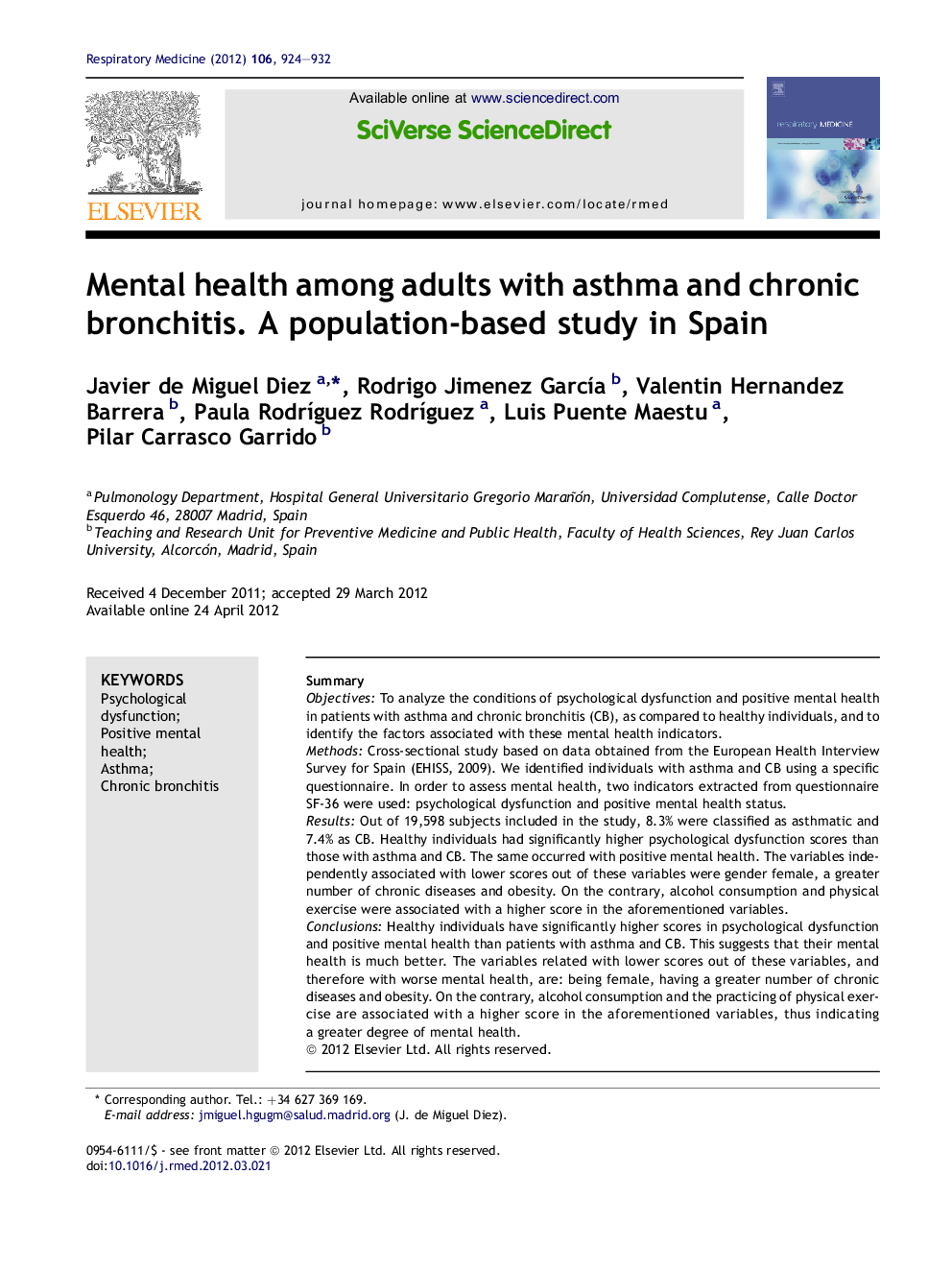 Mental health among adults with asthma and chronic bronchitis. A population-based study in Spain