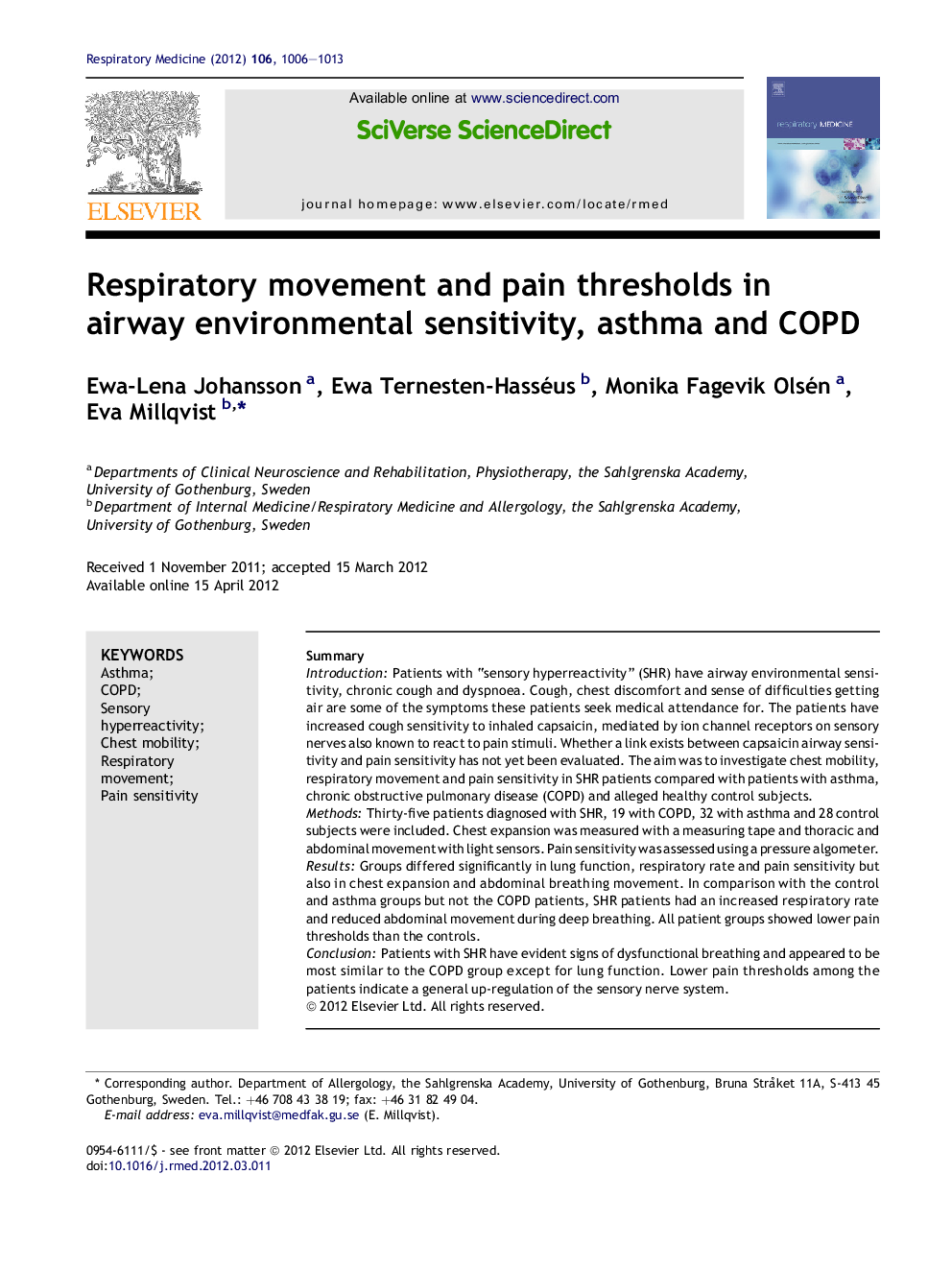 Respiratory movement and pain thresholds in airway environmental sensitivity, asthma and COPD