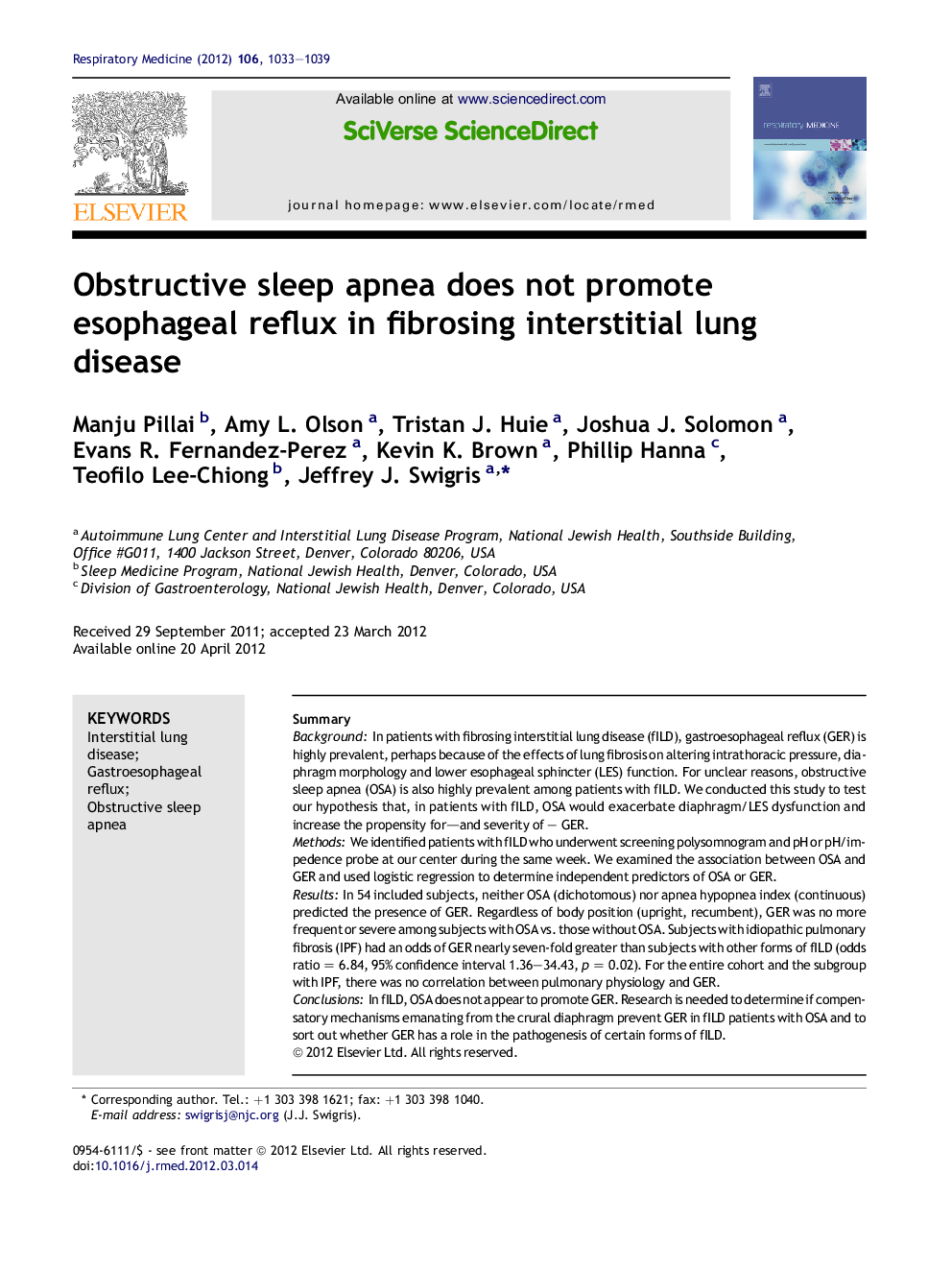 Obstructive sleep apnea does not promote esophageal reflux in fibrosing interstitial lung disease