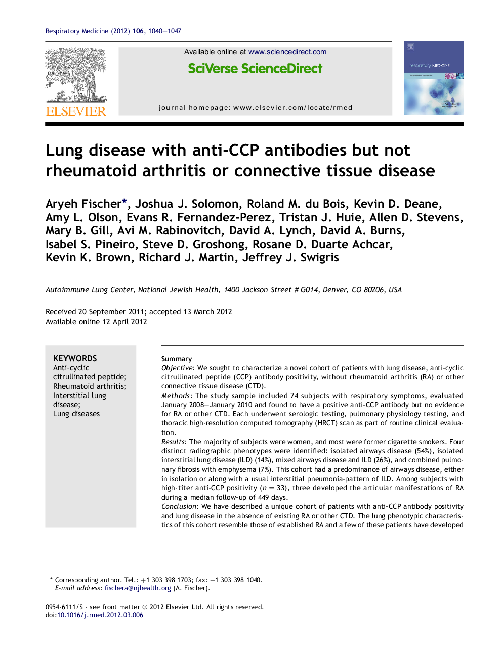 Lung disease with anti-CCP antibodies but not rheumatoid arthritis or connective tissue disease