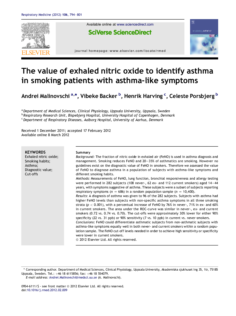 The value of exhaled nitric oxide to identify asthma in smoking patients with asthma-like symptoms