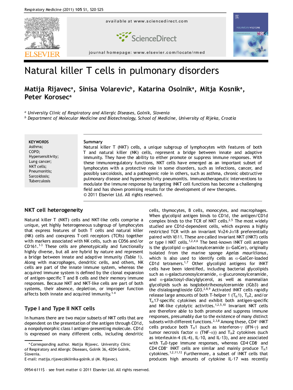 Natural killer T cells in pulmonary disorders