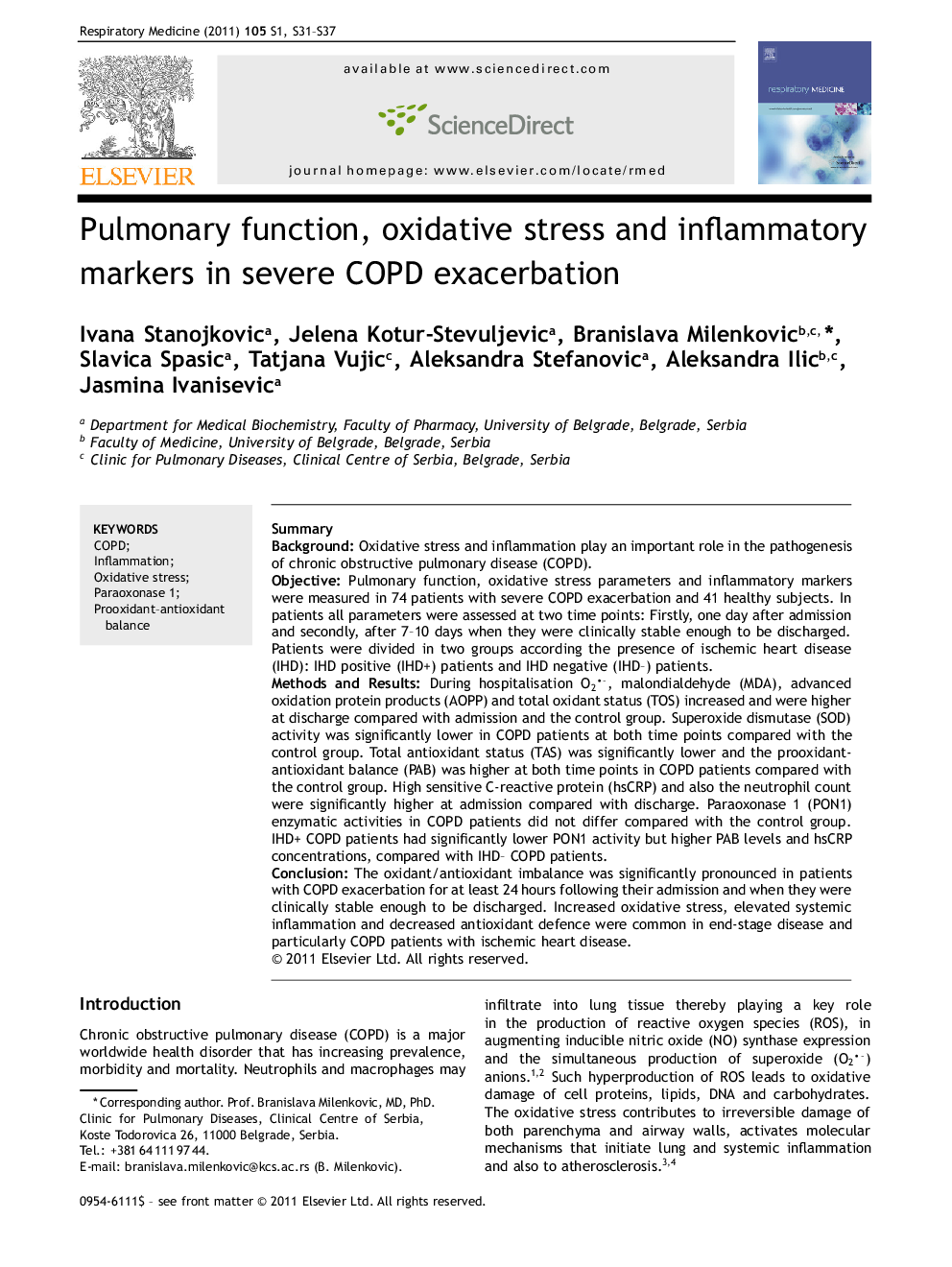 عکس صفحه اول مقاله: Pulmonary function, oxidative stress and inflammatory markers in severe COPD exacerbation Pulmonary function, oxidative stress and inflammatory markers in severe COPD exacerbation