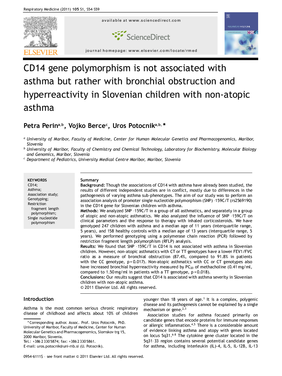 عکس صفحه اول مقاله: CD14 gene polymorphism is not associated with asthma but rather with bronchial obstruction and hyperreactivity in Slovenian children with non-atopic asthma CD14 gene polymorphism is not associated with asthma but rather with bronchial obstruction and hyperreactivity in Slovenian children with non-atopic asthma