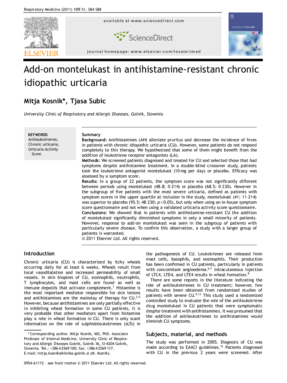 Add-on montelukast in antihistamine-resistant chronic idiopathic urticaria
