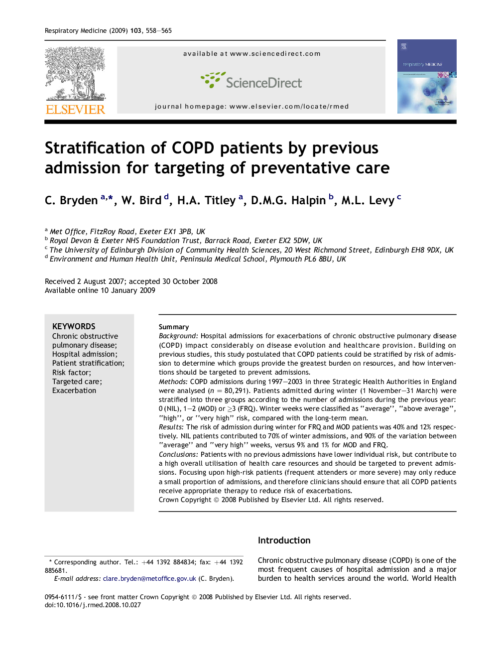 Stratification of COPD patients by previous admission for targeting of preventative care