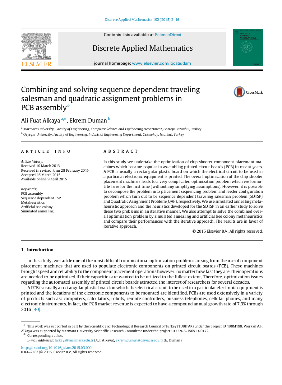 Combining and solving sequence dependent traveling salesman and quadratic assignment problems in PCB assembly 