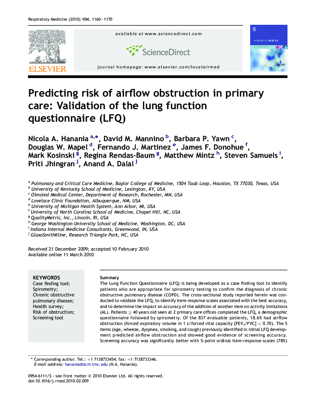 Predicting risk of airflow obstruction in primary care: Validation of the lung function questionnaire (LFQ)