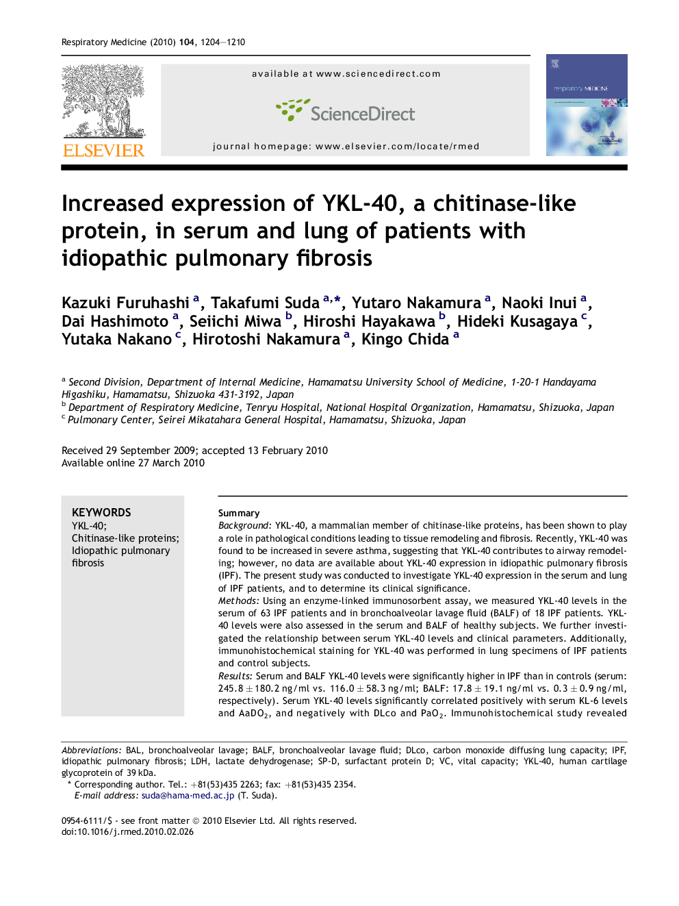 Increased expression of YKL-40, a chitinase-like protein, in serum and lung of patients with idiopathic pulmonary fibrosis