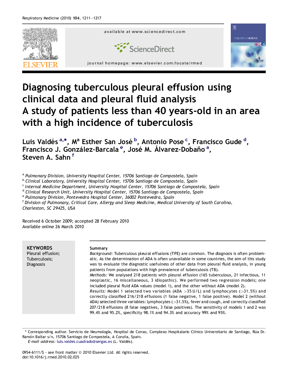Diagnosing tuberculous pleural effusion using clinical data and pleural fluid analysis: A study of patients less than 40 years-old in an area with a high incidence of tuberculosis