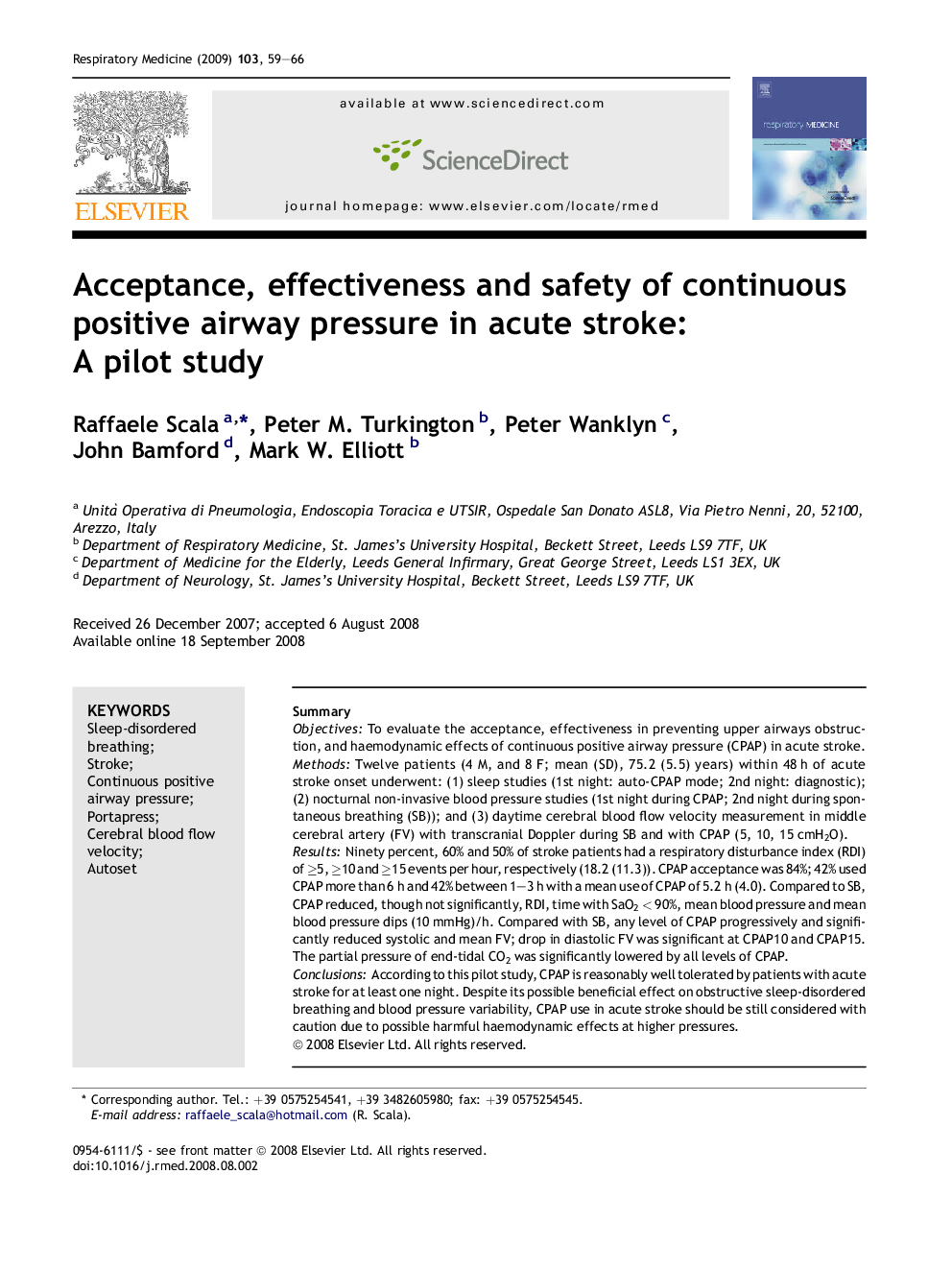 Acceptance, effectiveness and safety of continuous positive airway pressure in acute stroke: A pilot study