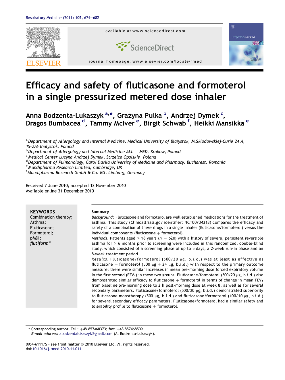 Efficacy and safety of fluticasone and formoterol in a single pressurized metered dose inhaler