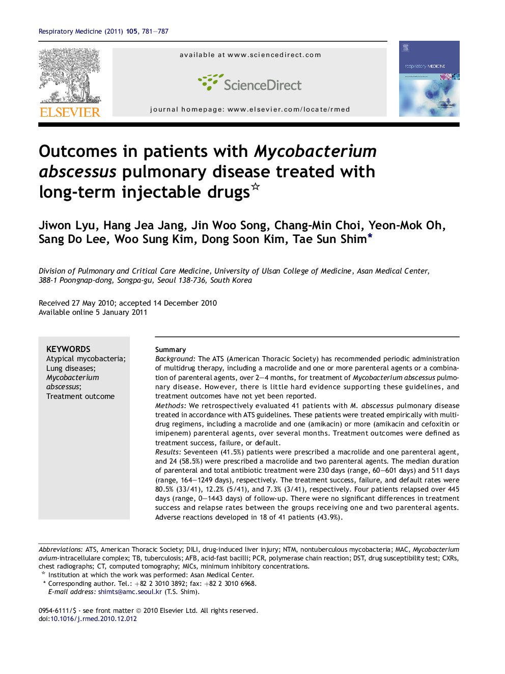 Outcomes in patients with Mycobacterium abscessus pulmonary disease treated with long-term injectable drugs 