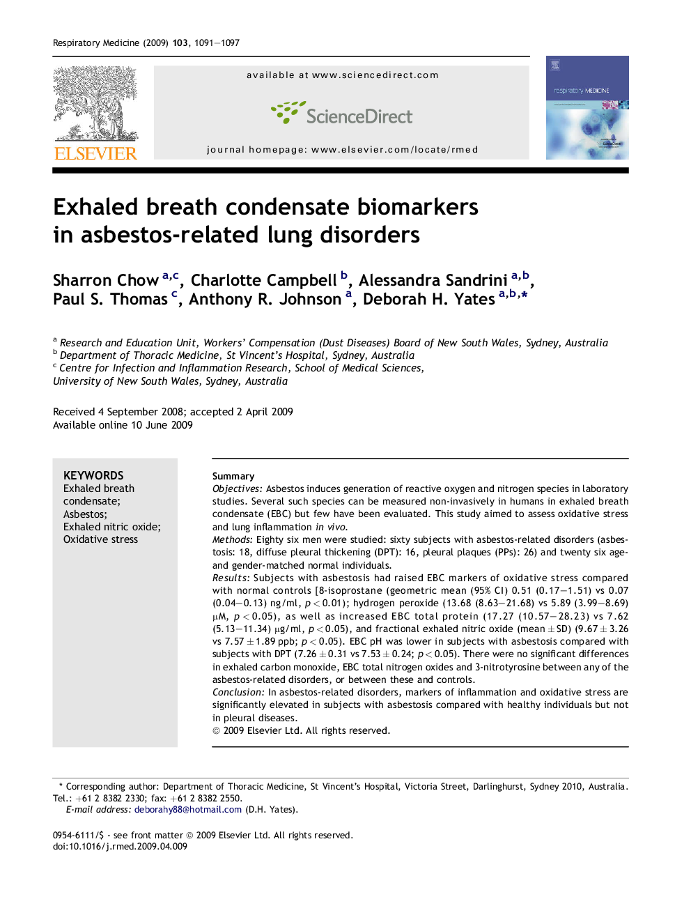 Exhaled breath condensate biomarkers in asbestos-related lung disorders