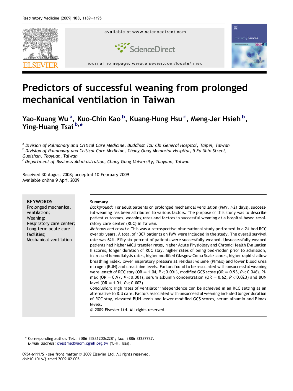 Predictors of successful weaning from prolonged mechanical ventilation in Taiwan