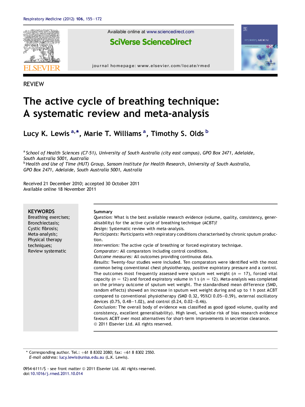 The active cycle of breathing technique: A systematic review and meta-analysis