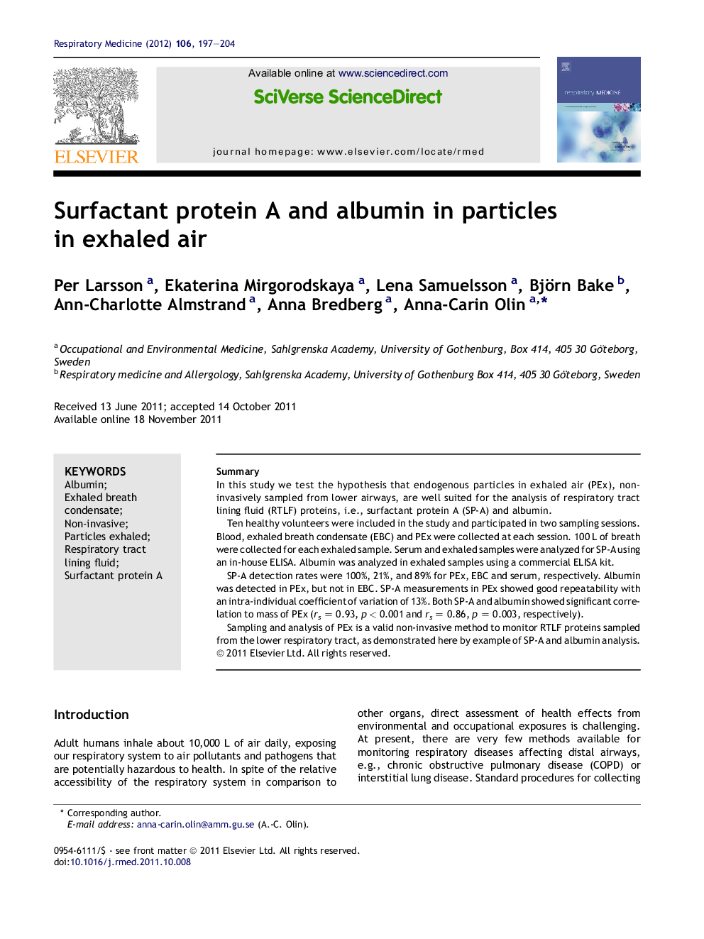 Surfactant protein A and albumin in particles in exhaled air