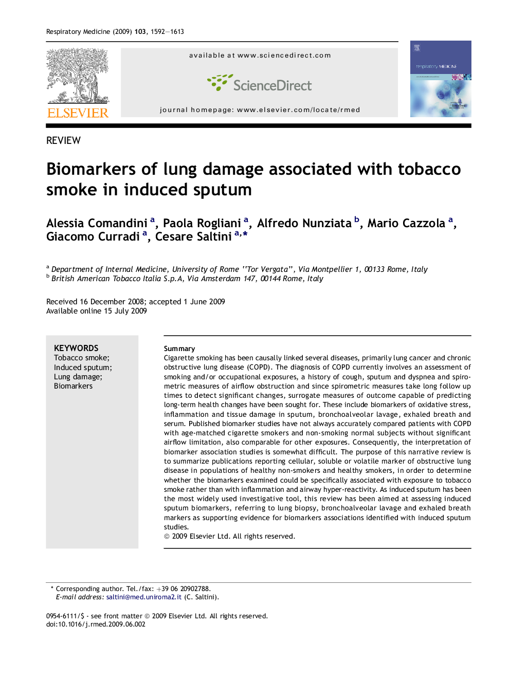 Biomarkers of lung damage associated with tobacco smoke in induced sputum